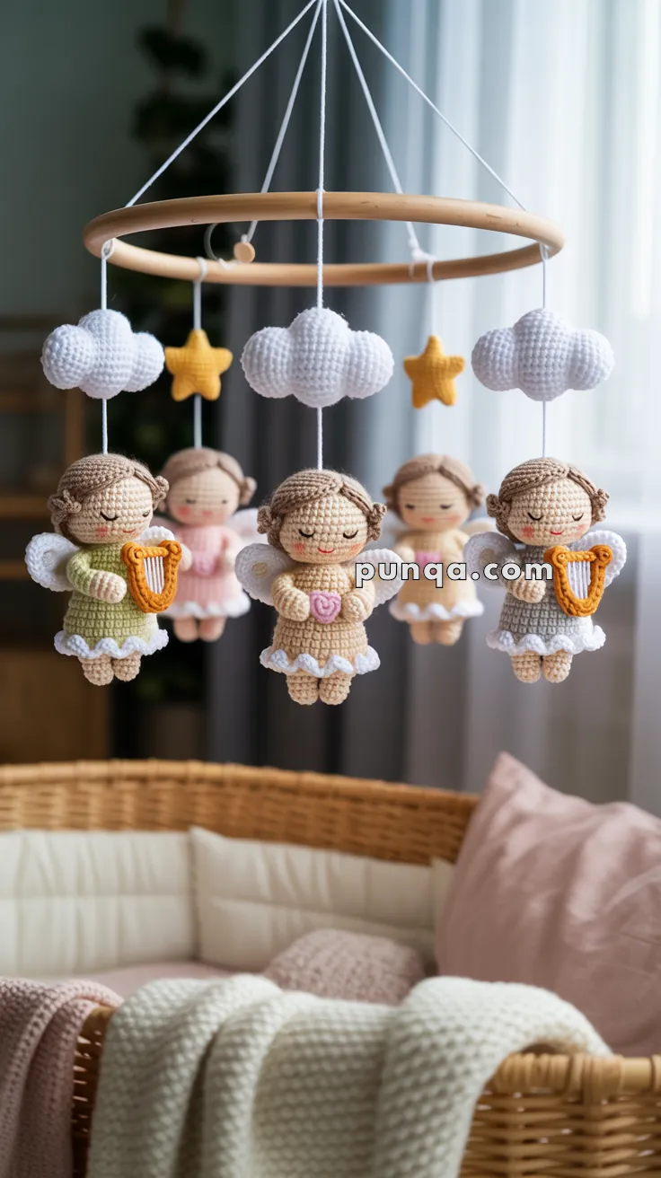 A baby mobile with crocheted angels, stars, and clouds hanging over a wicker bassinet draped with knitted blankets.