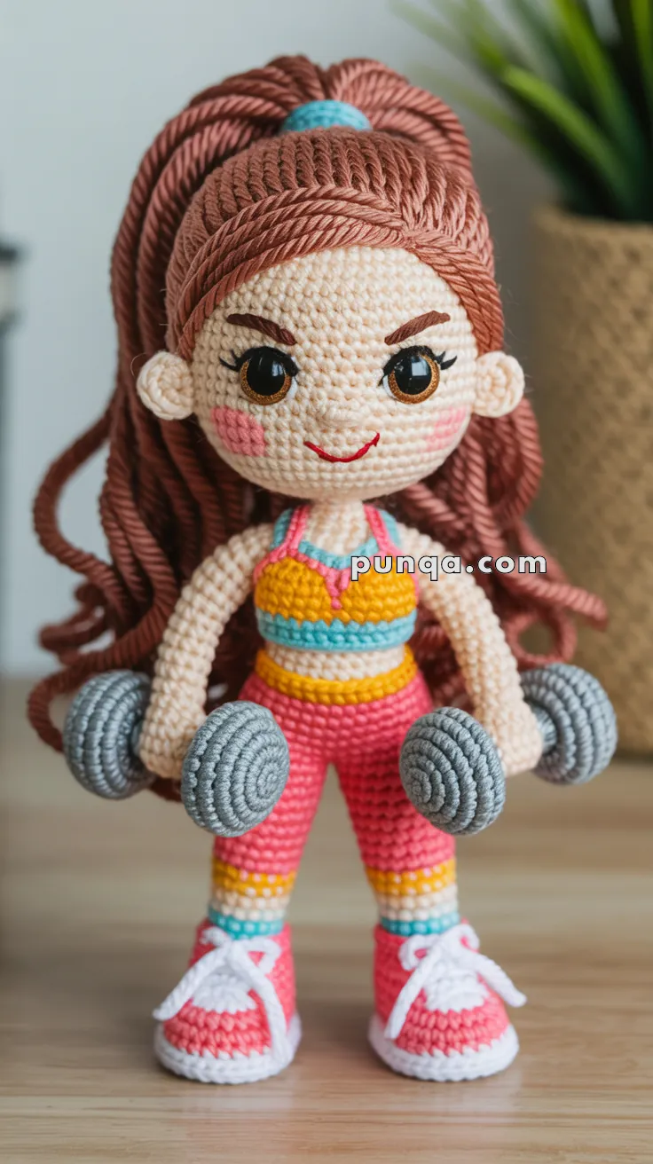 A crocheted doll with long brown hair in a ponytail, wearing a colorful workout outfit and holding gray dumbbells, stands on a wooden surface.