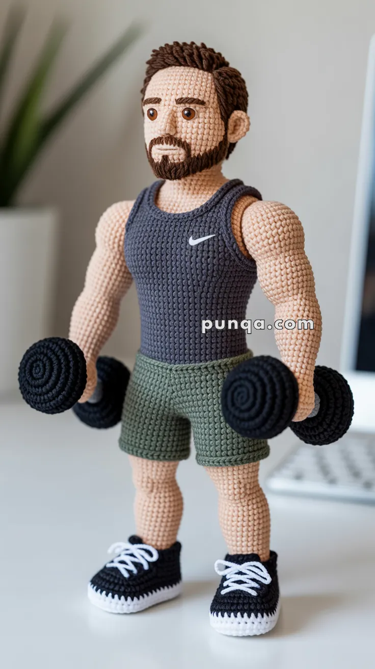 A crochet doll resembling a muscular man in a workout pose, wearing a dark tank top, green shorts, and holding black dumbbells. The doll features detailed stitching, brown hair, and a beard, with white and black sneakers.
