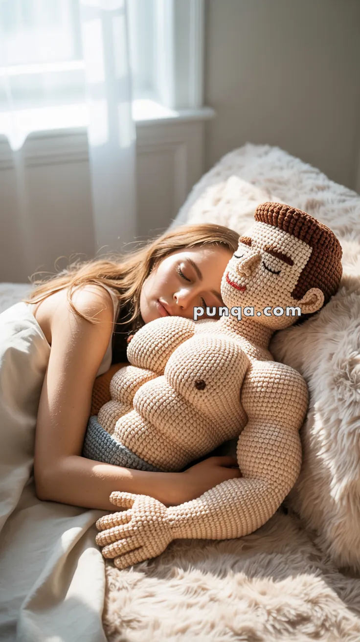 A woman sleeping in bed, cuddling a large, muscular crocheted doll. The scene is set in a softly lit room with a sheer curtain partially covering a window in the background.