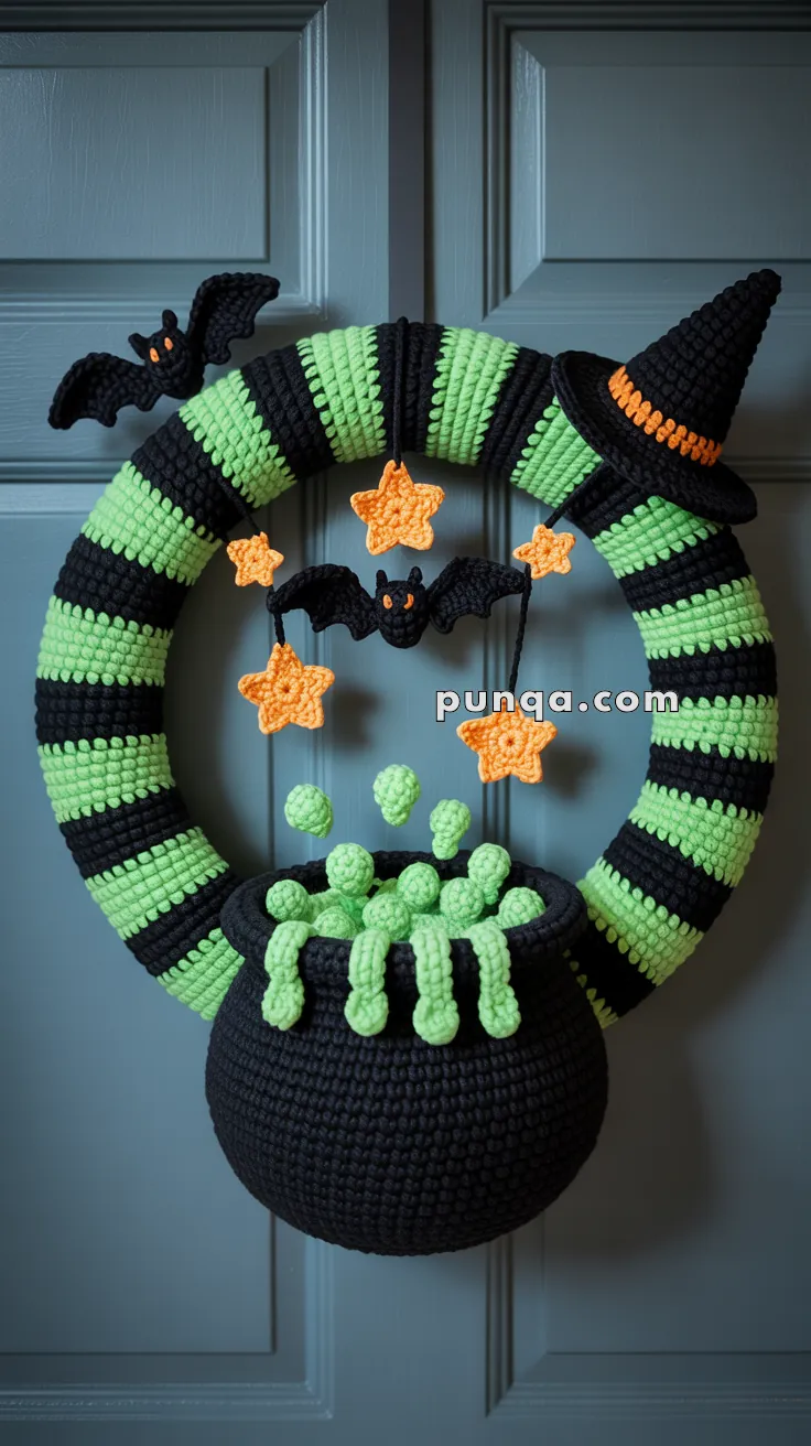 A Halloween-themed crochet wreath featuring a black and green striped design with a black witch hat, orange stars, and a bat. A crochet cauldron with bubbling potion hangs at the bottom.
