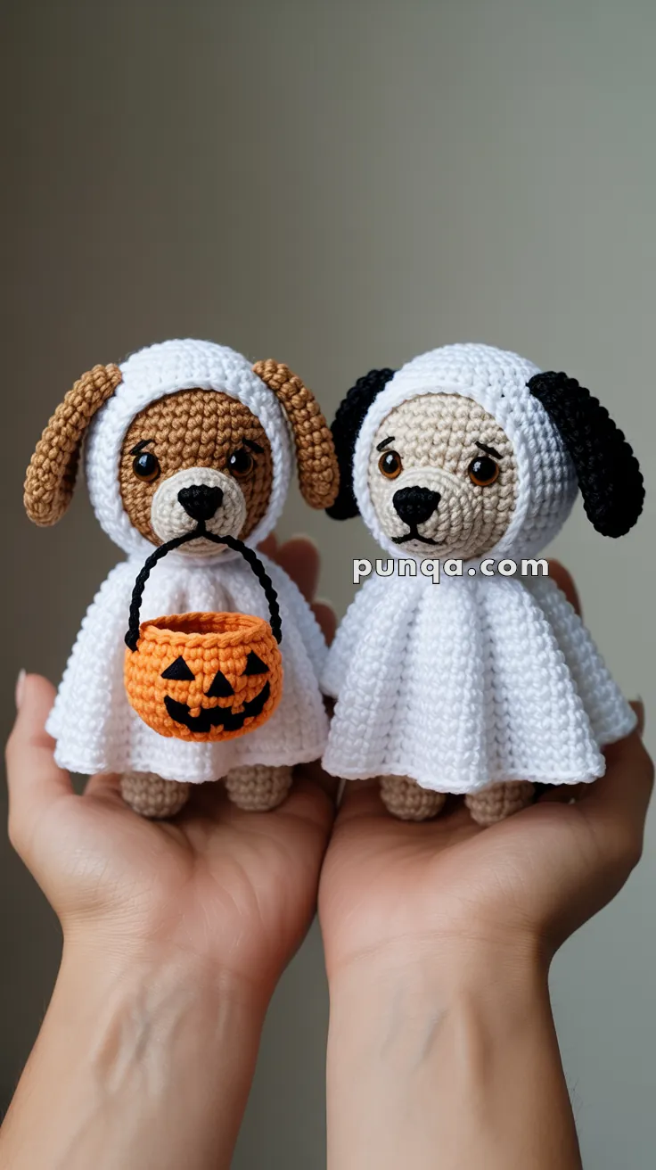 Two crocheted dog toys dressed as ghosts, one holding a small crocheted pumpkin basket, are held in hands.