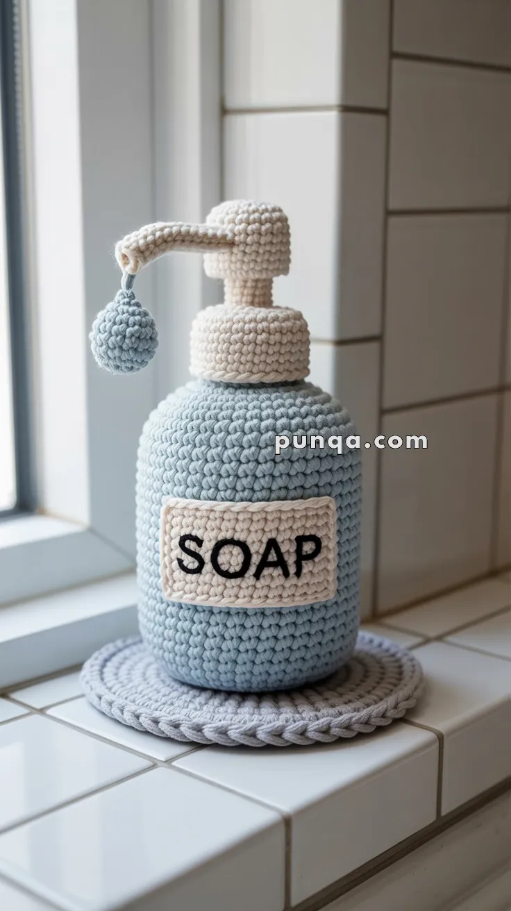 A crocheted soap dispenser bottle on a tiled bathroom countertop, featuring shades of cream and blue yarn, with the word 'SOAP' stitched on the front.
