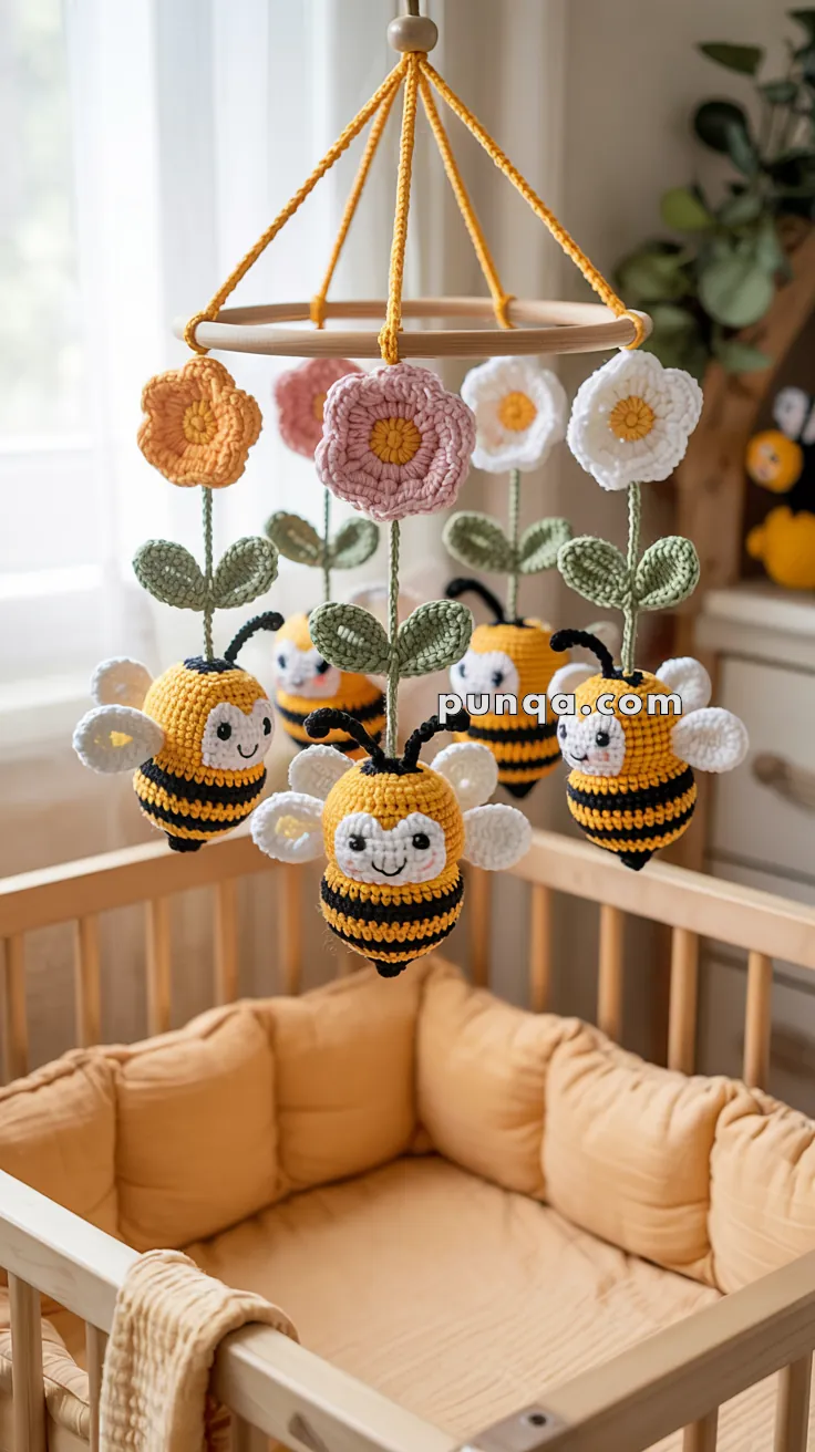 A baby mobile above a crib featuring crocheted bees and flowers suspended from a wooden ring.
