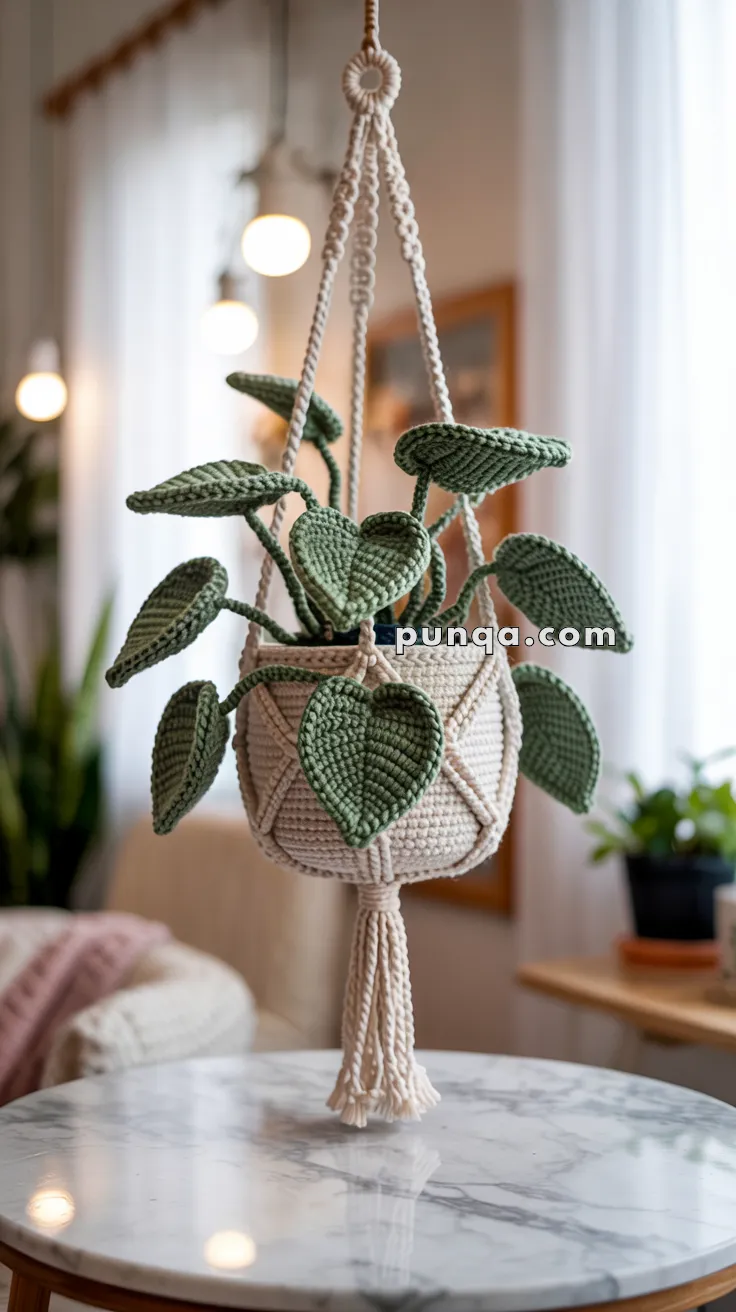 A crocheted plant with green leaves hanging in a macramé holder, suspended over a marble table in a cozy, softly lit room.