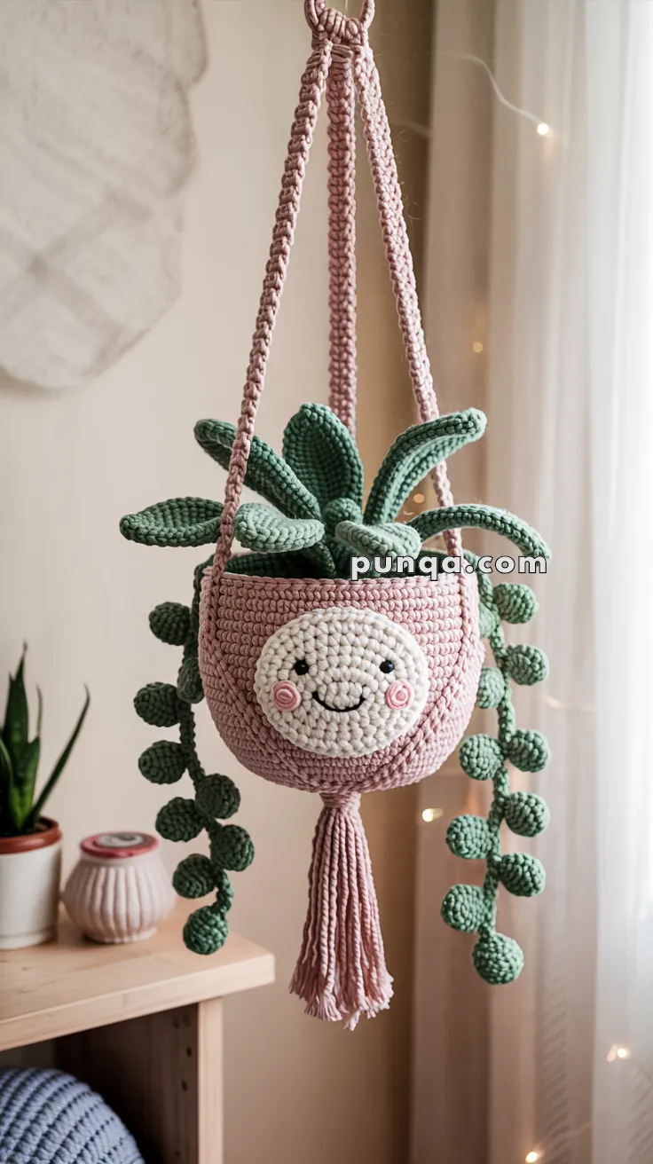 A crocheted hanging planter with a smiling face, featuring green crocheted leaves, hanging in a room with soft lighting.
