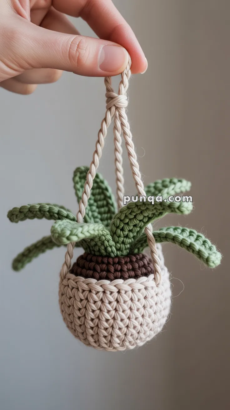 A hand holding a small crocheted potted plant with green leaves and a brown base, suspended by a looped cord. The plant is made with yarn and has a decorative, handmade appearance.