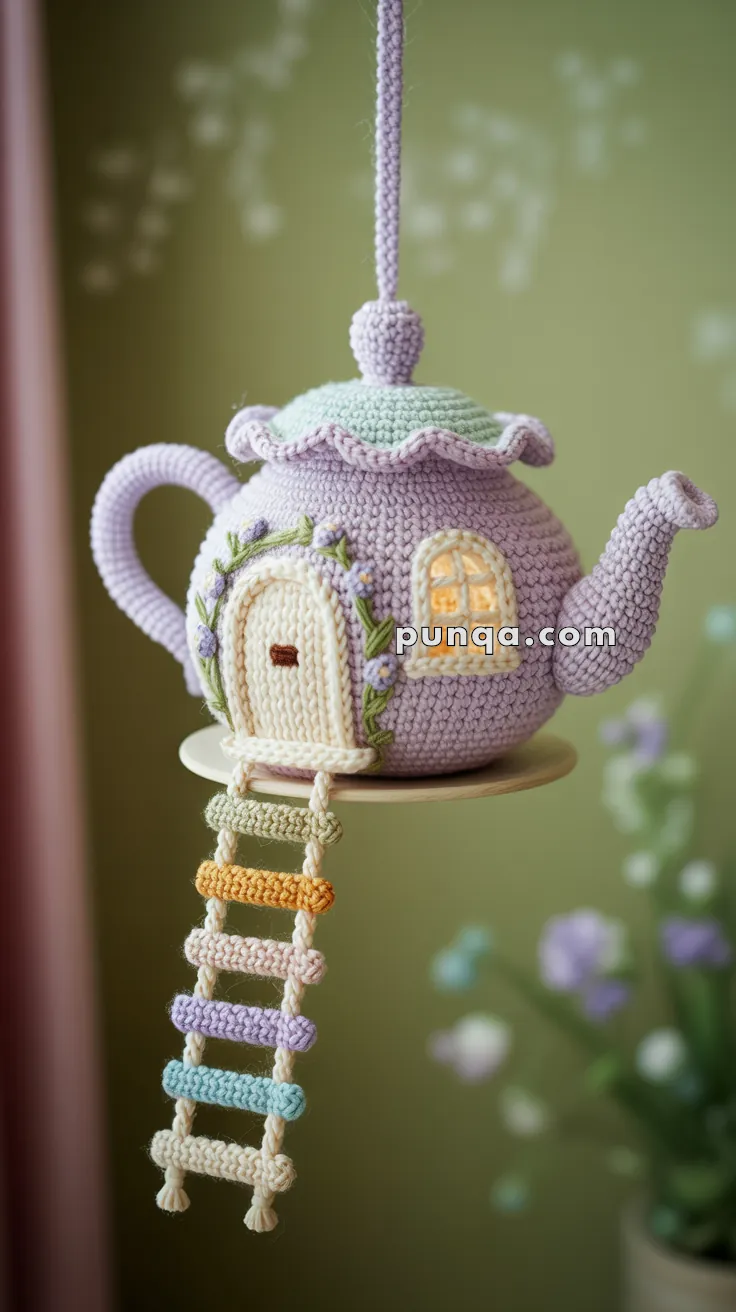 A decorative teapot-shaped hanging ornament made of crocheted material, featuring a miniature door and window, with a colorful ladder made of yarn leading up to it, set against a blurred green background.