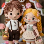 Crocheted dolls of a boy and girl standing in front of a gingerbread house, both holding baskets, surrounded by colorful round cushions.