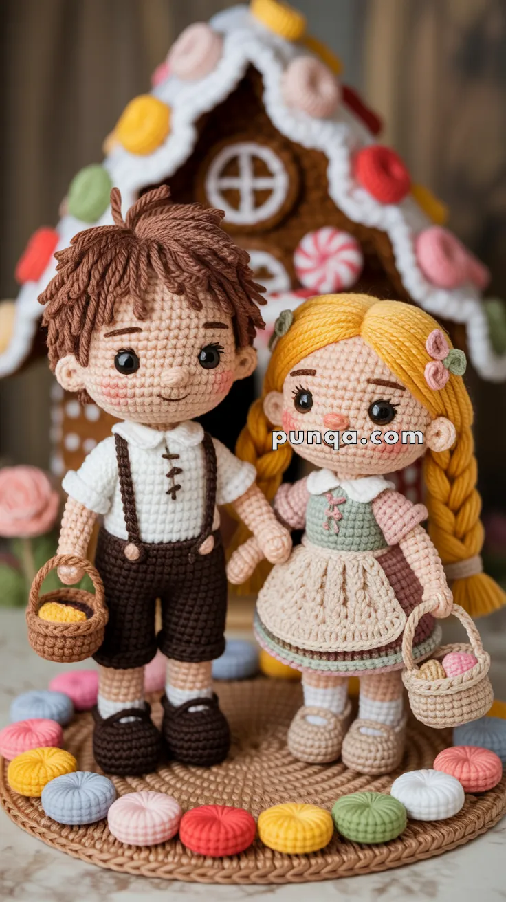 Crocheted dolls of a boy and girl standing in front of a gingerbread house, both holding baskets, surrounded by colorful round cushions.