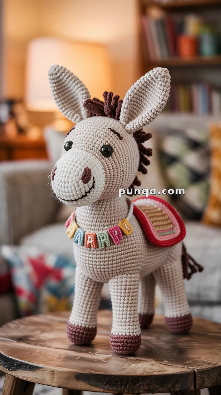 A crocheted donkey wearing a colorful saddle and a necklace with the letters spelling 'HAPPY', standing on a wooden stool in a cozy living room setting.