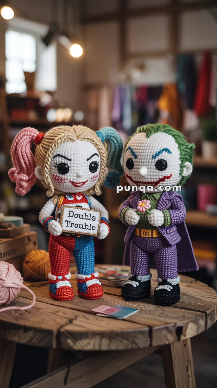 Harley and Joker crocheted dolls resembling iconic comic villains are standing on a wooden table. The doll on the left has blonde hair styled in pigtails, wearing a colorful outfit, and is holding a sign that reads 'Double Trouble.' The doll on the right has green hair, wearing a purple suit, and is holding a flower. The background shows a cozy room with light bulbs and yarn.