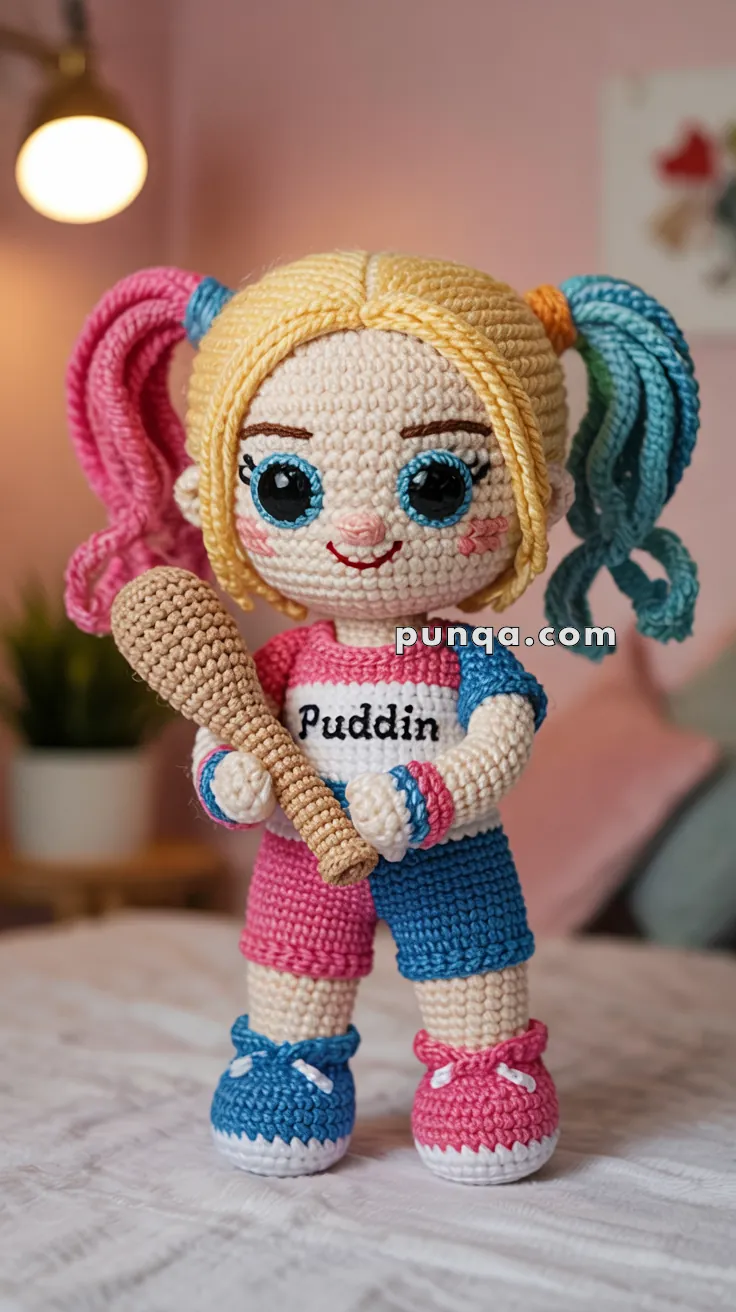 A crocheted Harley Quinn doll with colorful pigtails and a "Puddin" shirt, holding a bat, standing in a room with a plant and artwork in the background.