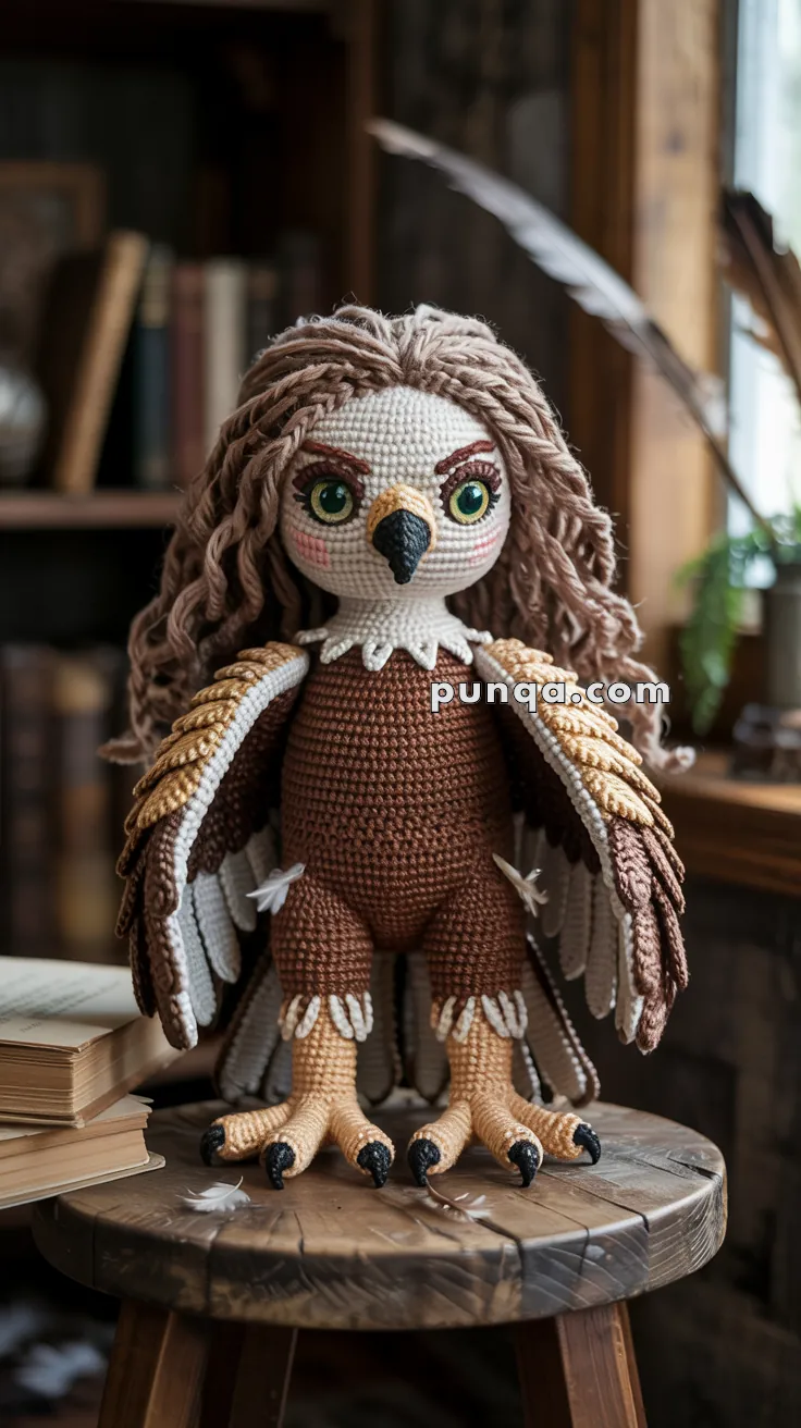 A crocheted plush Harpy toy resembling an anthropomorphic owl with large green eyes, brown feathers, and a white and brown body, sitting on a wooden stool with books in the background.