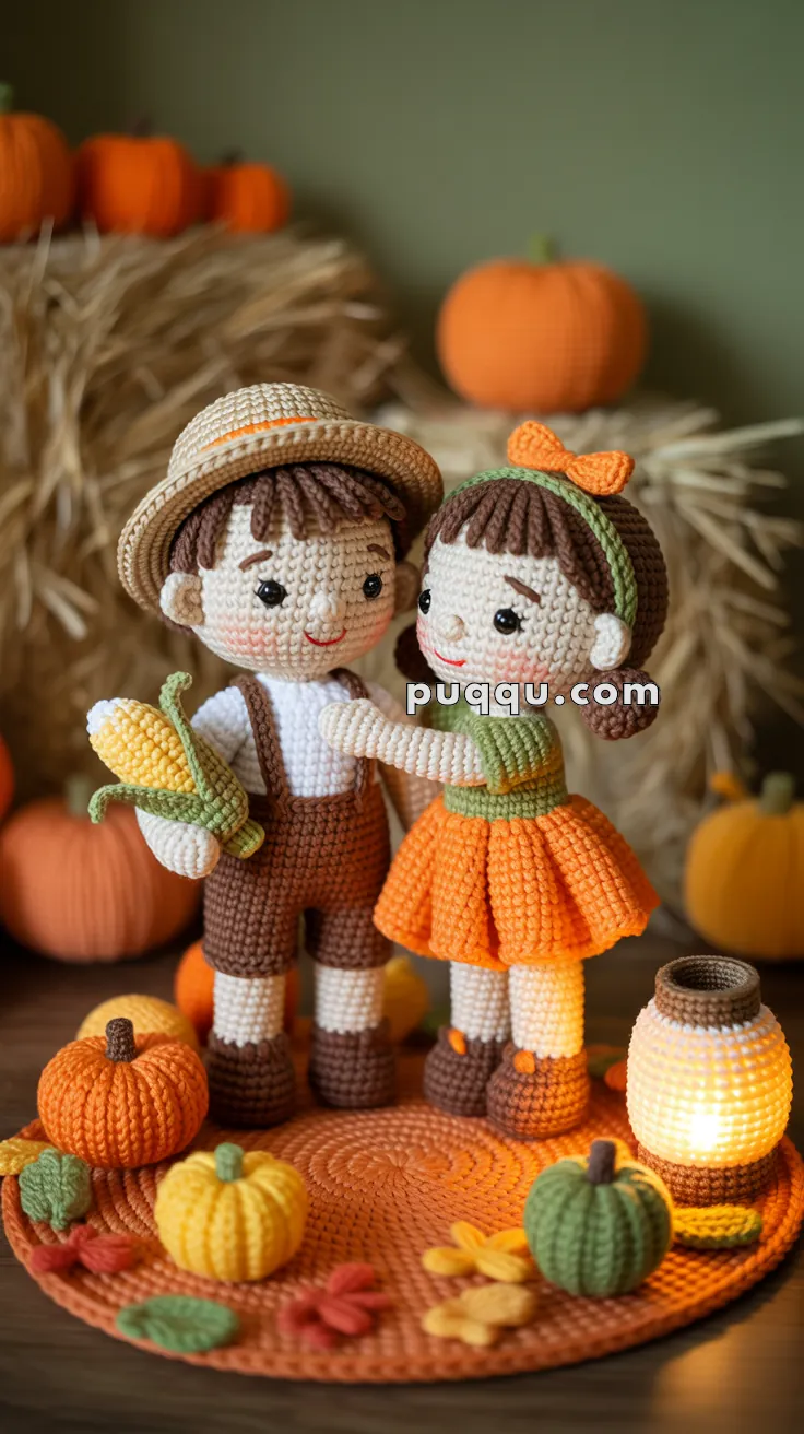 Crocheted figures of a boy and girl in autumn attire stand on a round mat with crocheted pumpkins and leaves, with a small crocheted lantern beside them. The background features more pumpkins and a stack of hay.