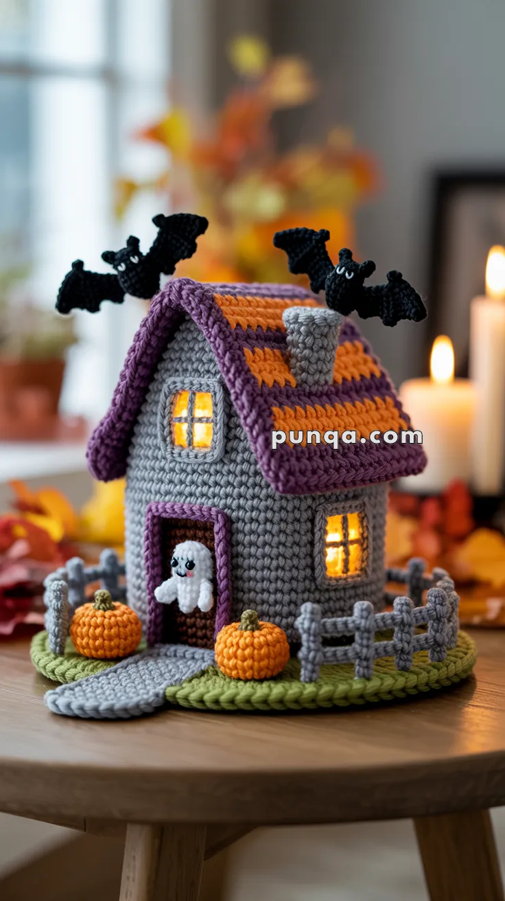 A crocheted Halloween-themed house with lit windows, featuring a purple roof and bats on top, a ghost at the door, pumpkins, and a gray picket fence, set on a wooden table with candles in the background.