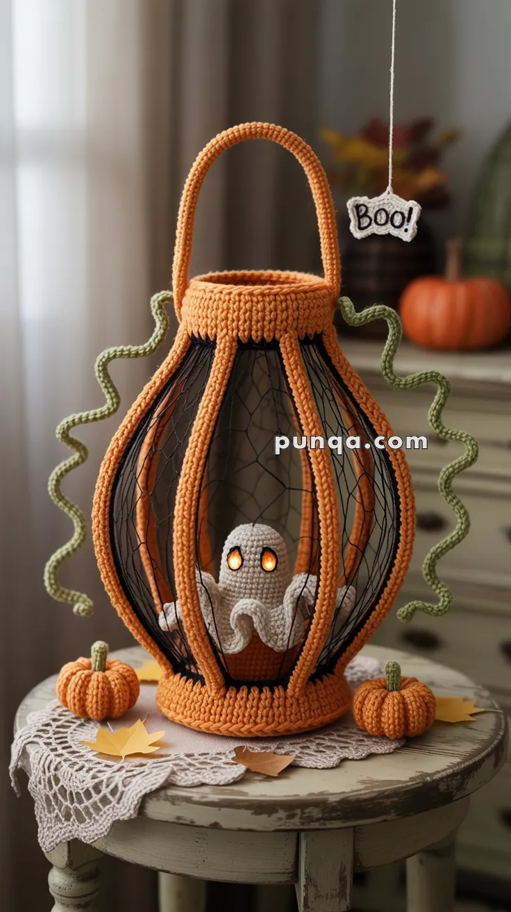 A crocheted Halloween decoration featuring a ghost inside a cage-like structure with orange and black yarn. The ghost has glowing eyes, and the decoration is set on a small table with mini crocheted pumpkins and a "Boo!" tag hanging above.