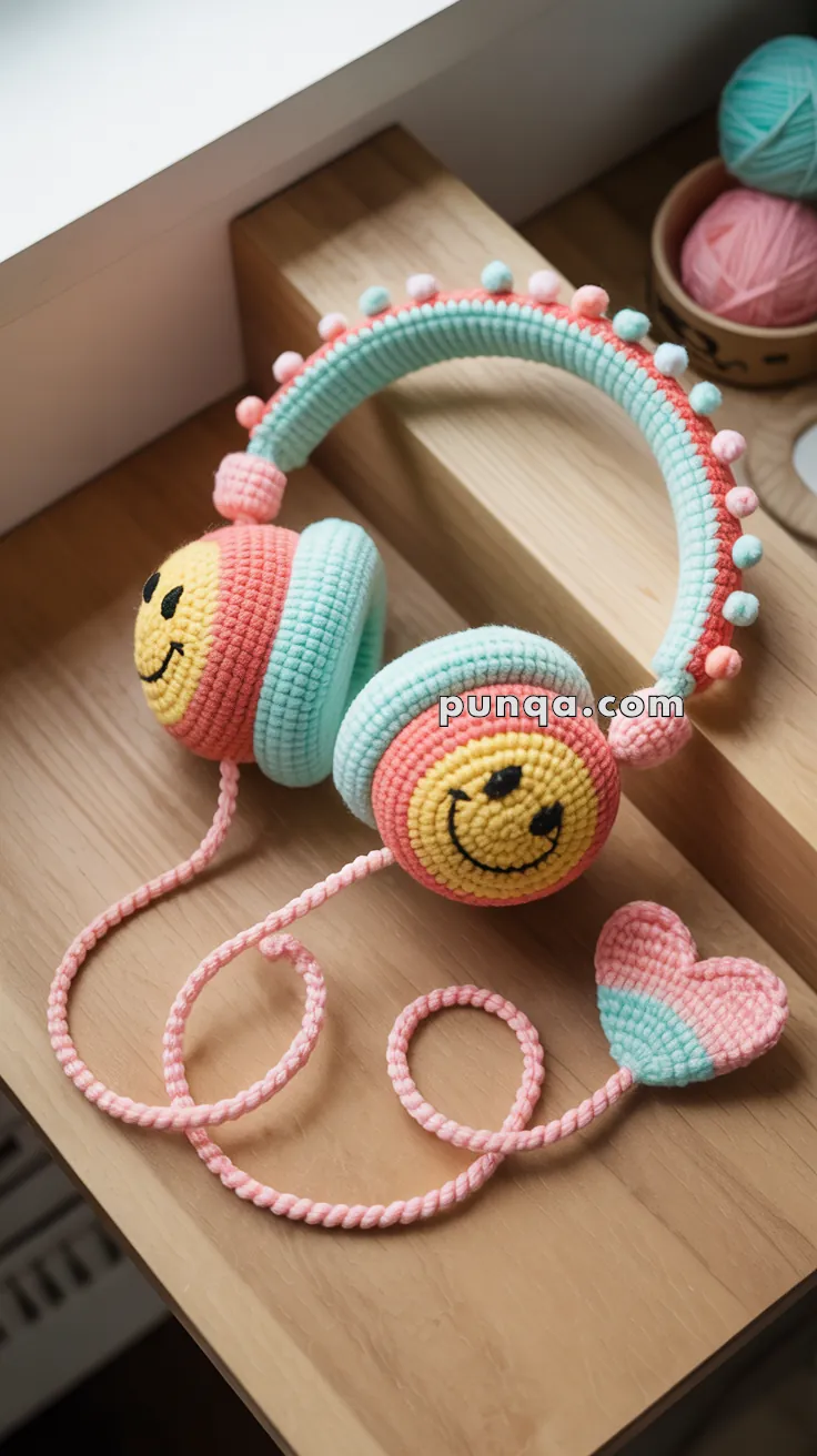 Crochet headphones with multicolored yarn featuring smiling faces on the ear covers, decorated with pom-poms along the headband, and a pink and blue heart at the end of the cord, placed on a wooden surface.