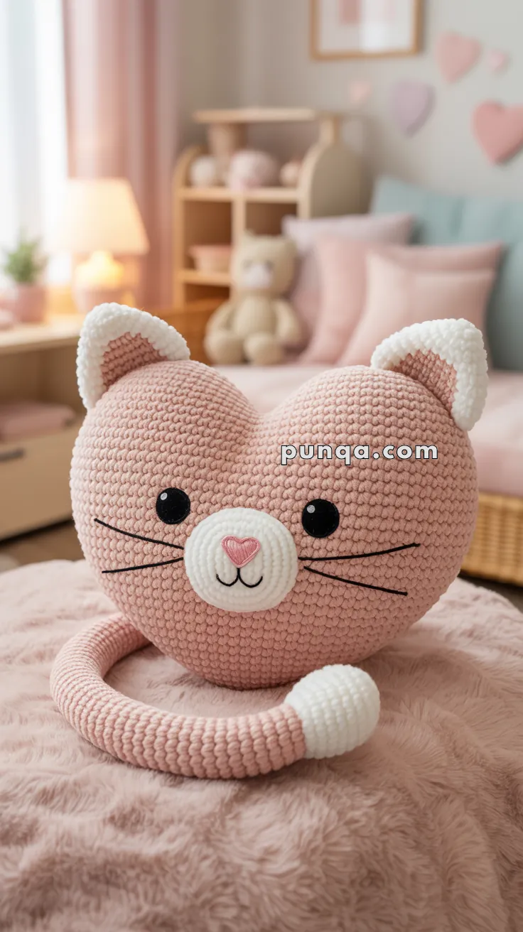 A heart-shaped, knitted pink cat pillow with white accents sits on a fuzzy pink blanket, featuring black eyes, a pink heart nose, and whiskers; the background shows a softly lit room with pastel decor and a teddy bear on a shelf.