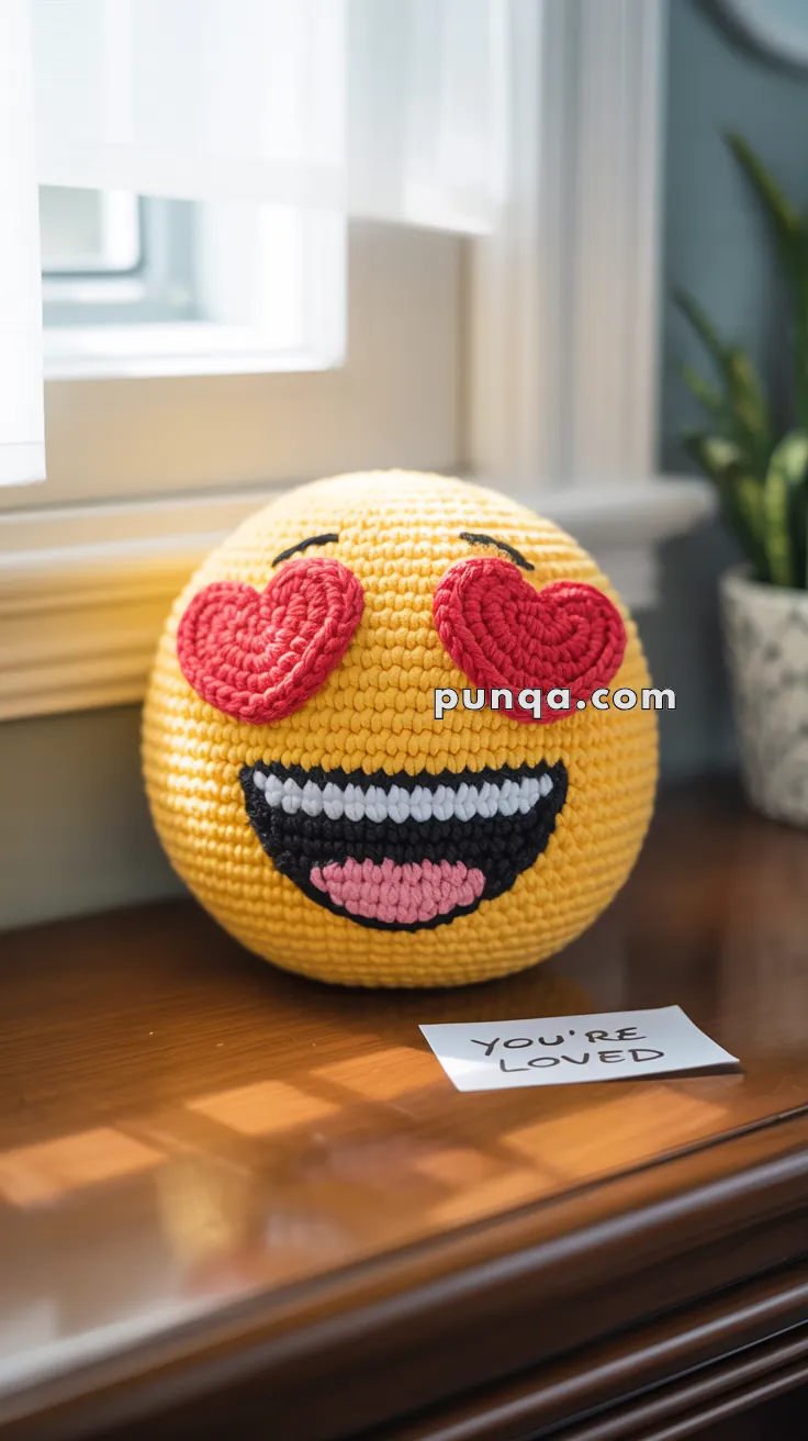 A crocheted yellow emoji pillow with heart-shaped eyes and a smiling expression sits on a wooden surface next to a small note that says 'You're Loved.'