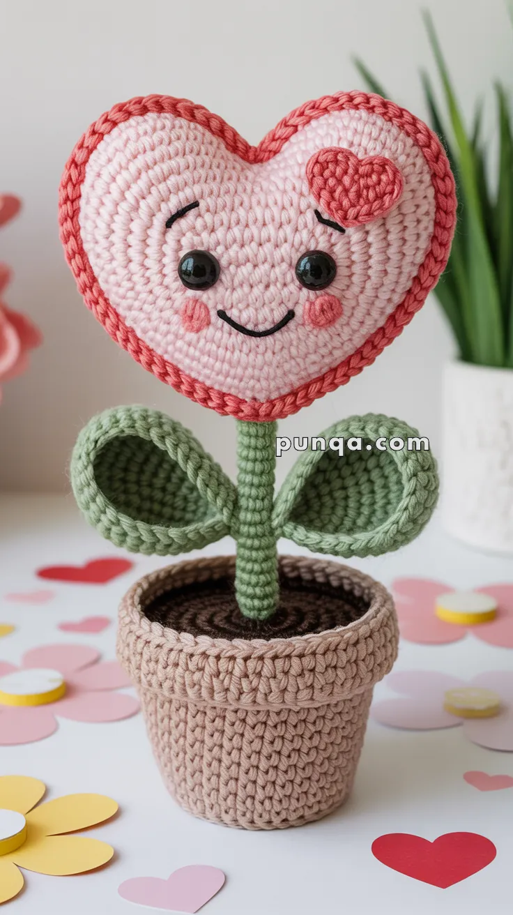 A crochet stuffed toy featuring a heart-shaped pink face with smiling eyes and cheeks, a flower stem, and two leaves, all set in a crochet pot, surrounded by paper heart decorations.