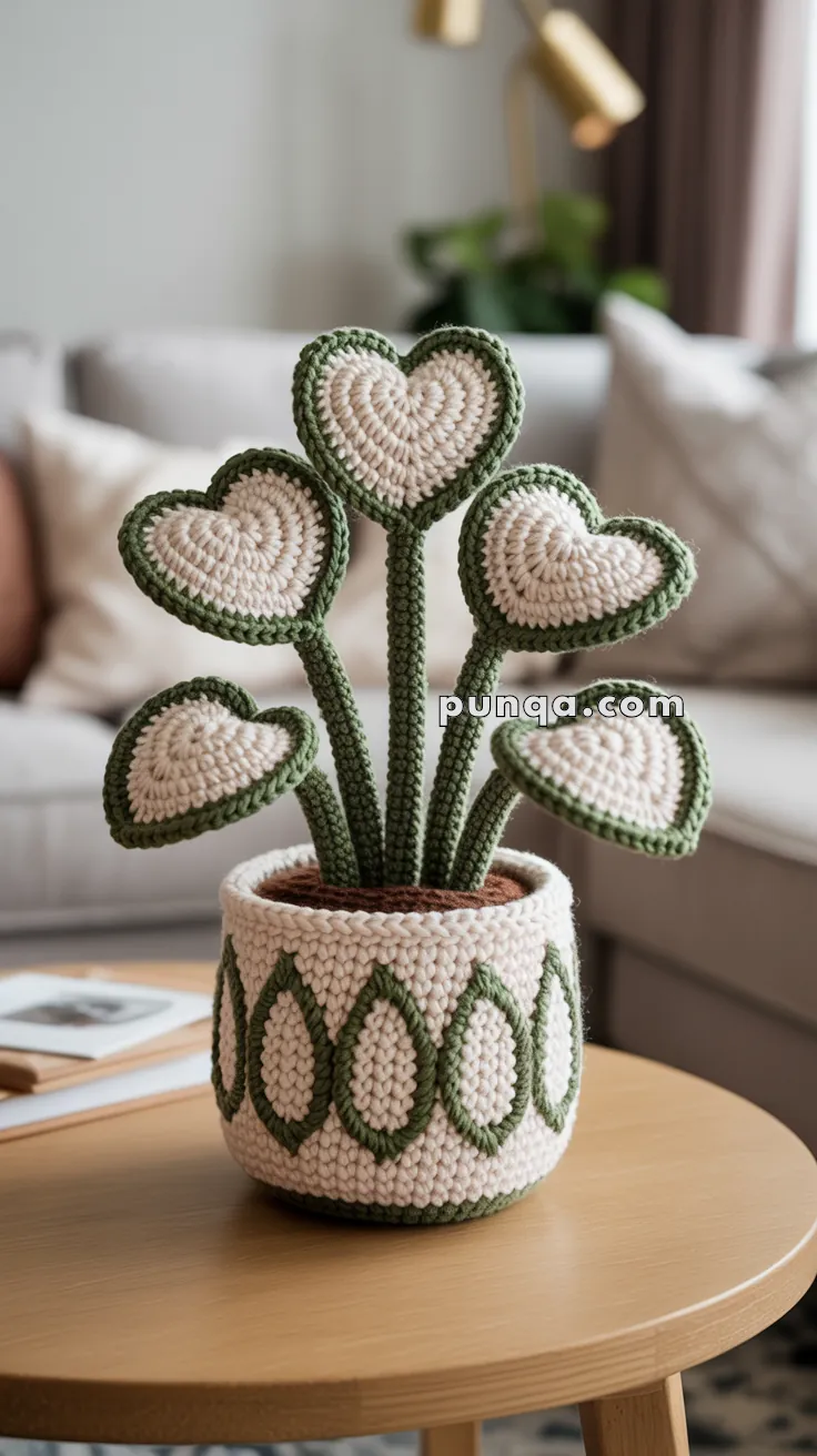 A crochet plant with heart-shaped leaves in beige and green, displayed in a matching decorative crochet pot on a wooden table in a living room setting.