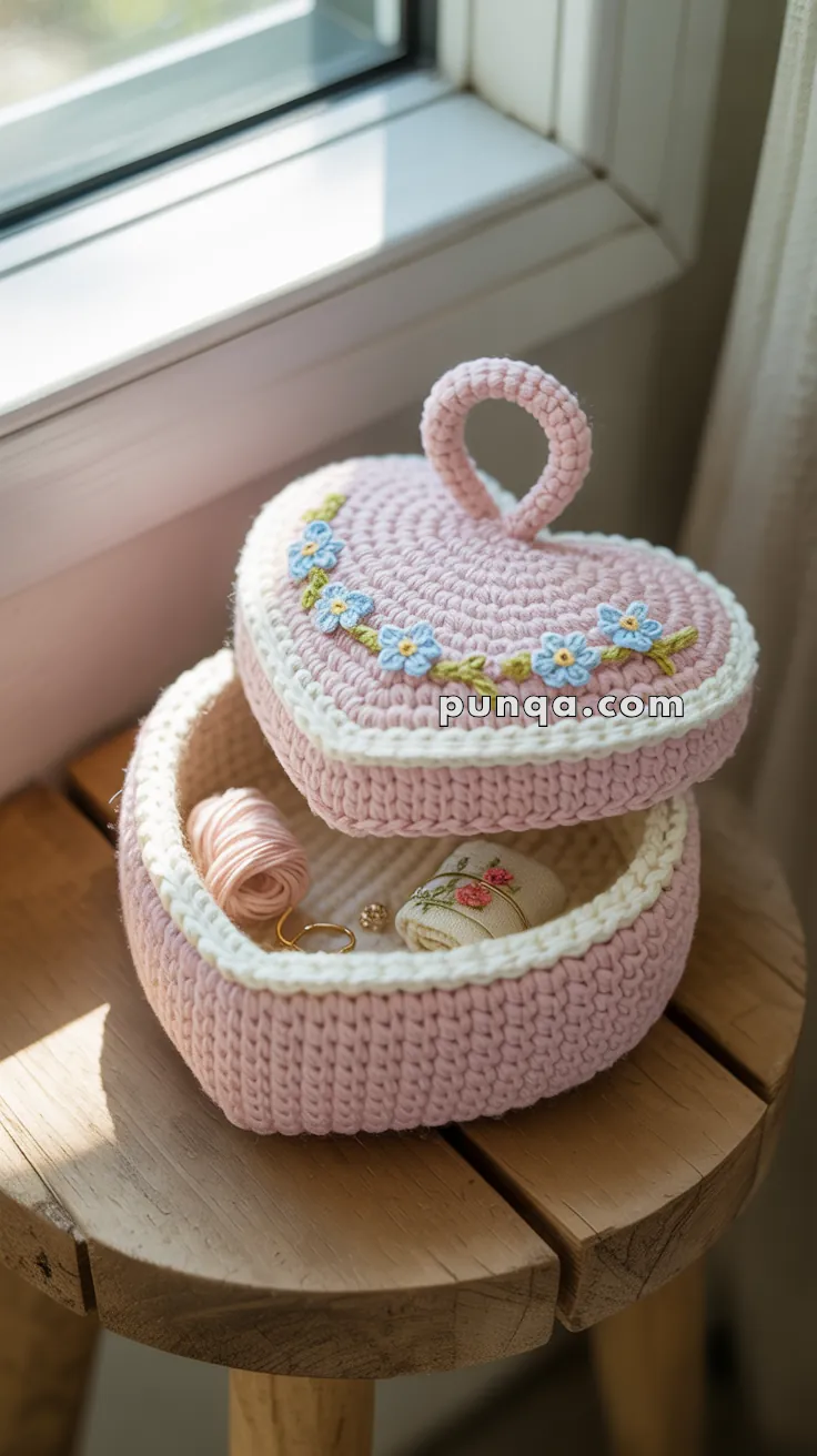 A heart-shaped pink crocheted basket with a lid decorated with blue flower embroidery, containing sewing thread and small sewing accessories, placed on a wooden stool by a window.