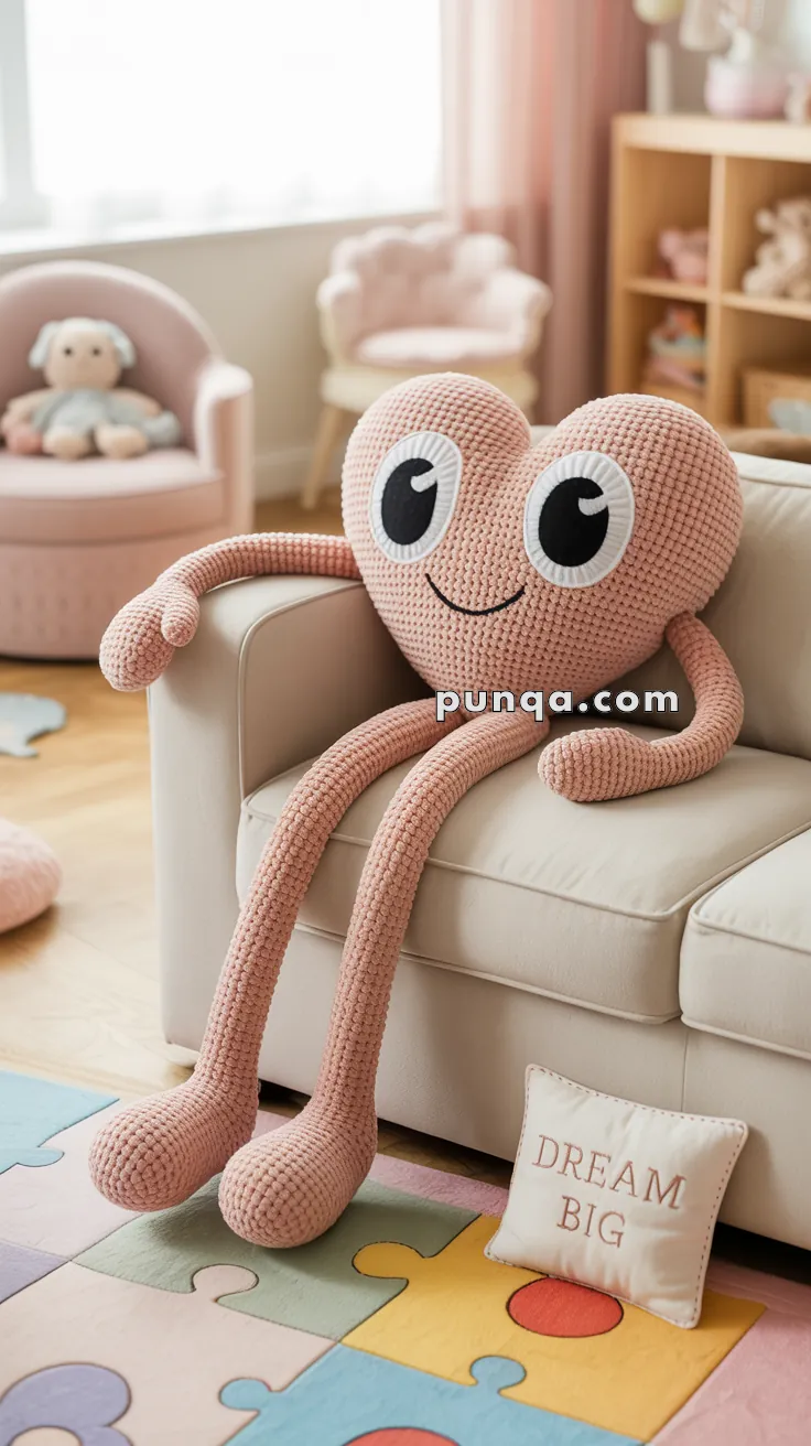 A plush heart-shaped cushion with smiling face and long arms and legs sits on a sofa in a cozy room with pastel decor, including a small pillow embroidered with "Dream Big" on the floor beside a colorful puzzle mat.