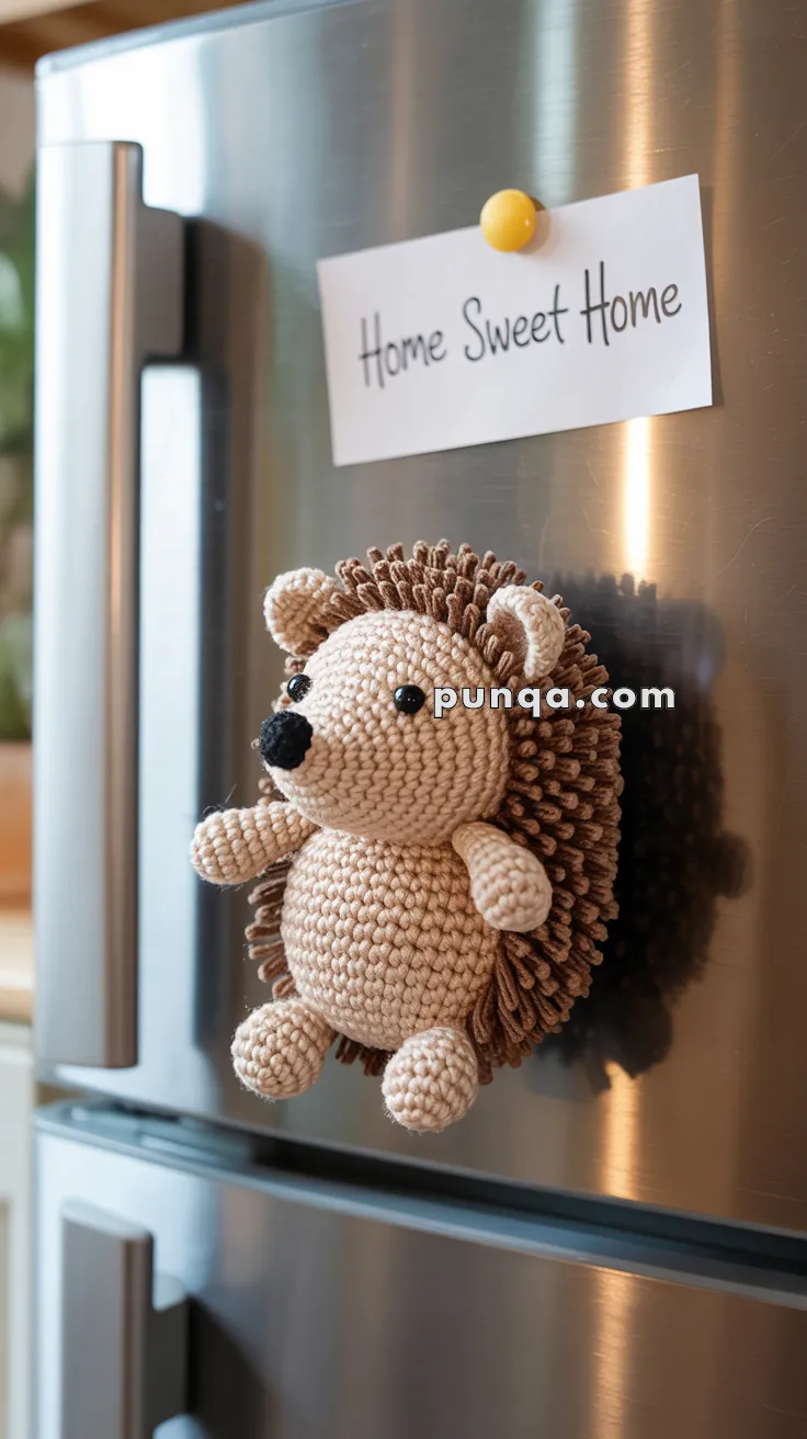 A crocheted hedgehog magnet on a refrigerator door with a note pinned above reading "Home Sweet Home."