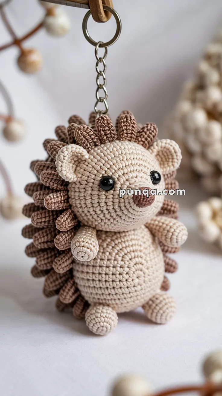 A crocheted hedgehog keychain with beige and brown yarn, featuring large black eyes and a small rounded snout, hanging from a silver chain.