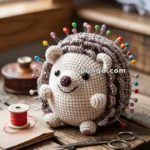 A knitted hedgehog pin cushion with colorful pins inserted into its back, placed on a rustic wooden table alongside a spool of red thread, scissors, and sewing accessories.
