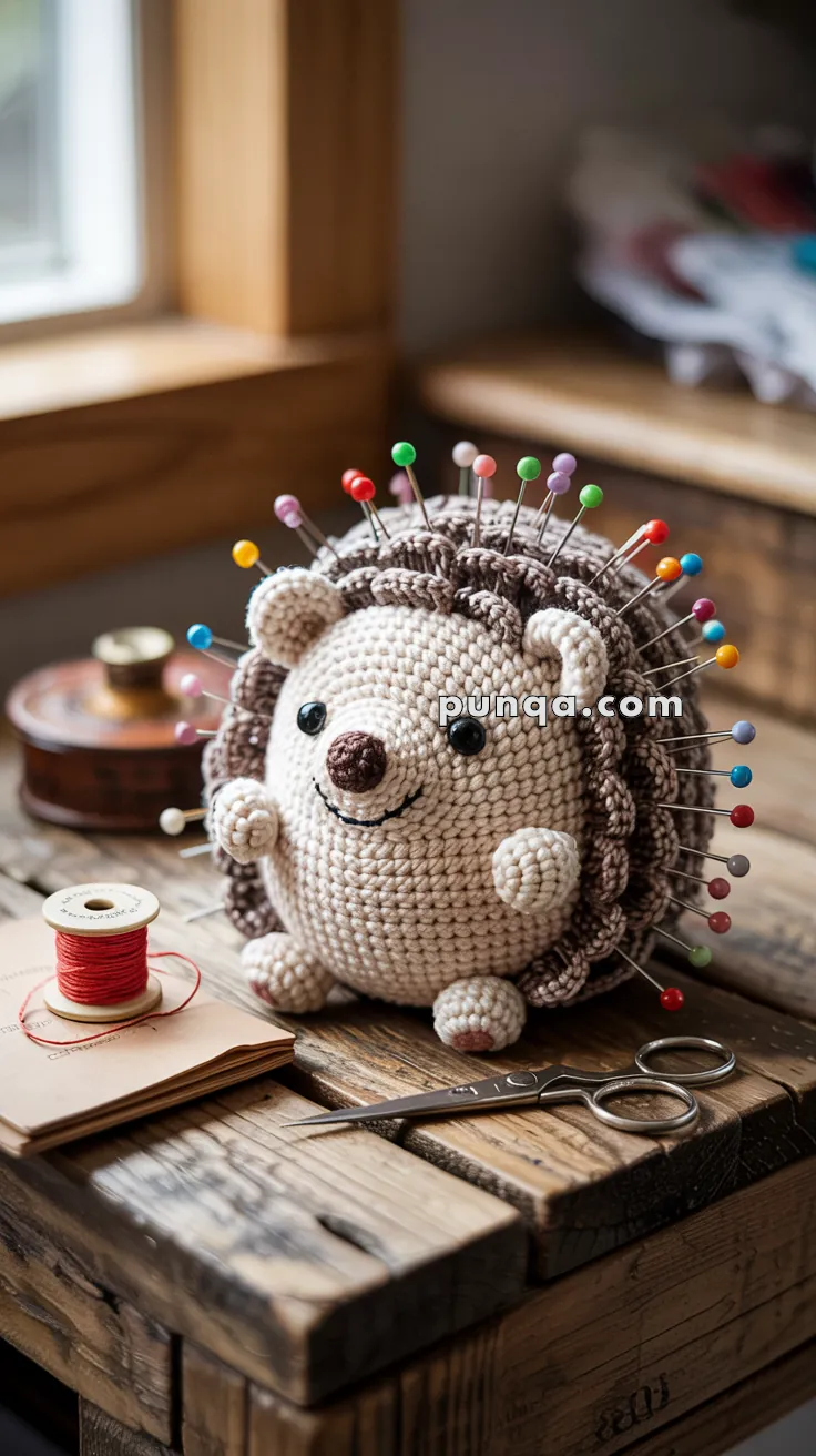 A knitted hedgehog pin cushion with colorful pins inserted into its back, placed on a rustic wooden table alongside a spool of red thread, scissors, and sewing accessories.