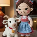 A crocheted Heidi doll with brown hair and colorful bows stands next to a crocheted white goat with brown horns and a yellow bell. The doll is wearing a red top and blue skirt. They are placed on a textured surface with a lamp and soft lights in the background.