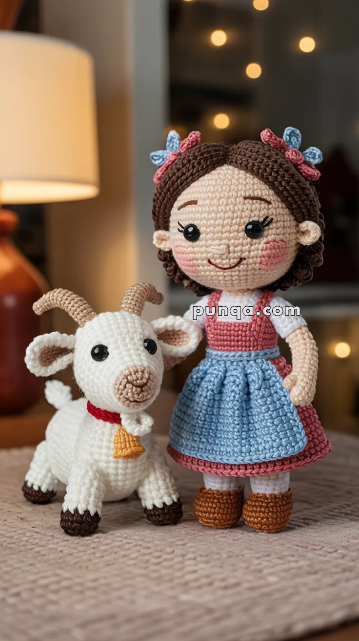 A crocheted Heidi doll with brown hair and colorful bows stands next to a crocheted white goat with brown horns and a yellow bell. The doll is wearing a red top and blue skirt. They are placed on a textured surface with a lamp and soft lights in the background.