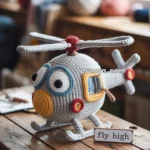 A handmade crochet helicopter toy with large eyes and colorful yarn details sits on a wooden table. A small sign next to it reads "fly high." The background shows a cozy, cluttered room with yarn and other crafting materials.