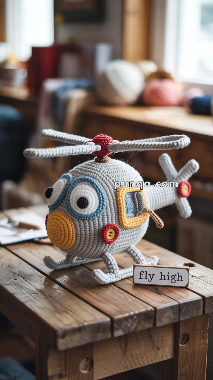 A handmade crochet helicopter toy with large eyes and colorful yarn details sits on a wooden table. A small sign next to it reads "fly high." The background shows a cozy, cluttered room with yarn and other crafting materials.