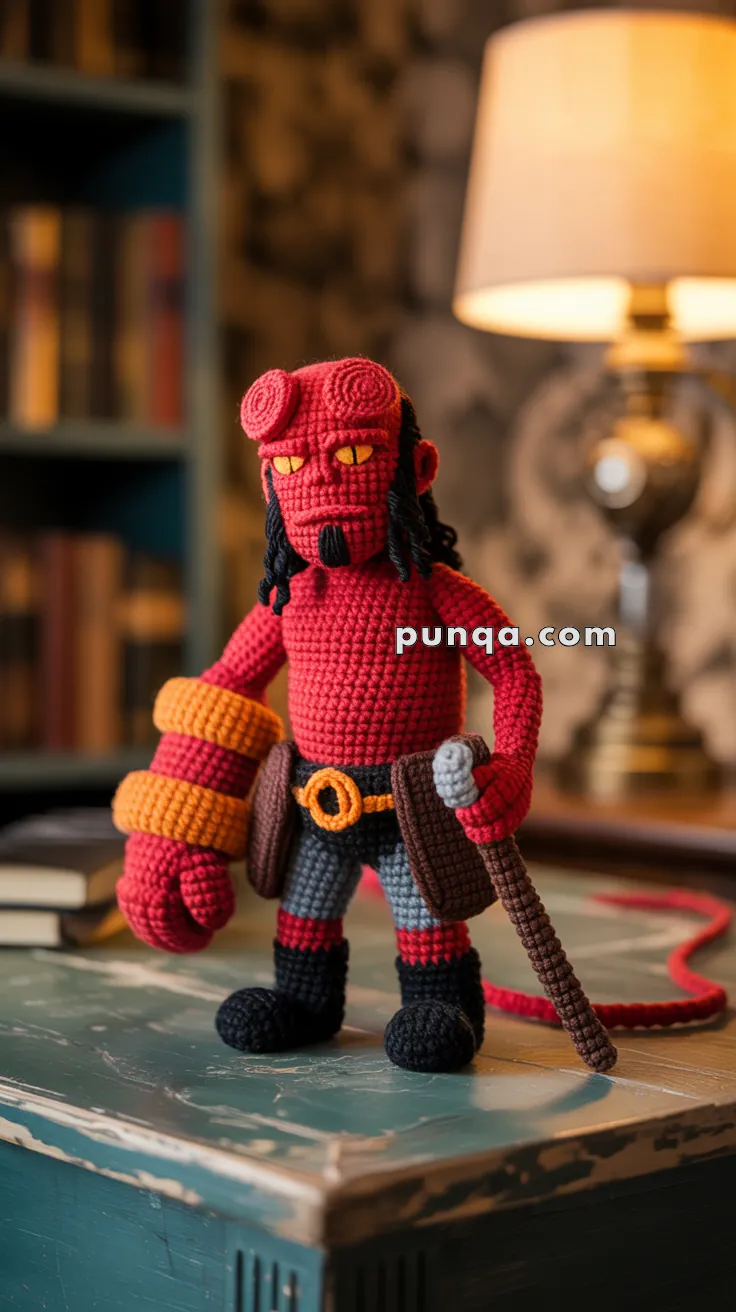 A crocheted doll of a red demon-like character with yellow eyes, black pants, and red and orange accessories, standing on a wooden table with books in the background.