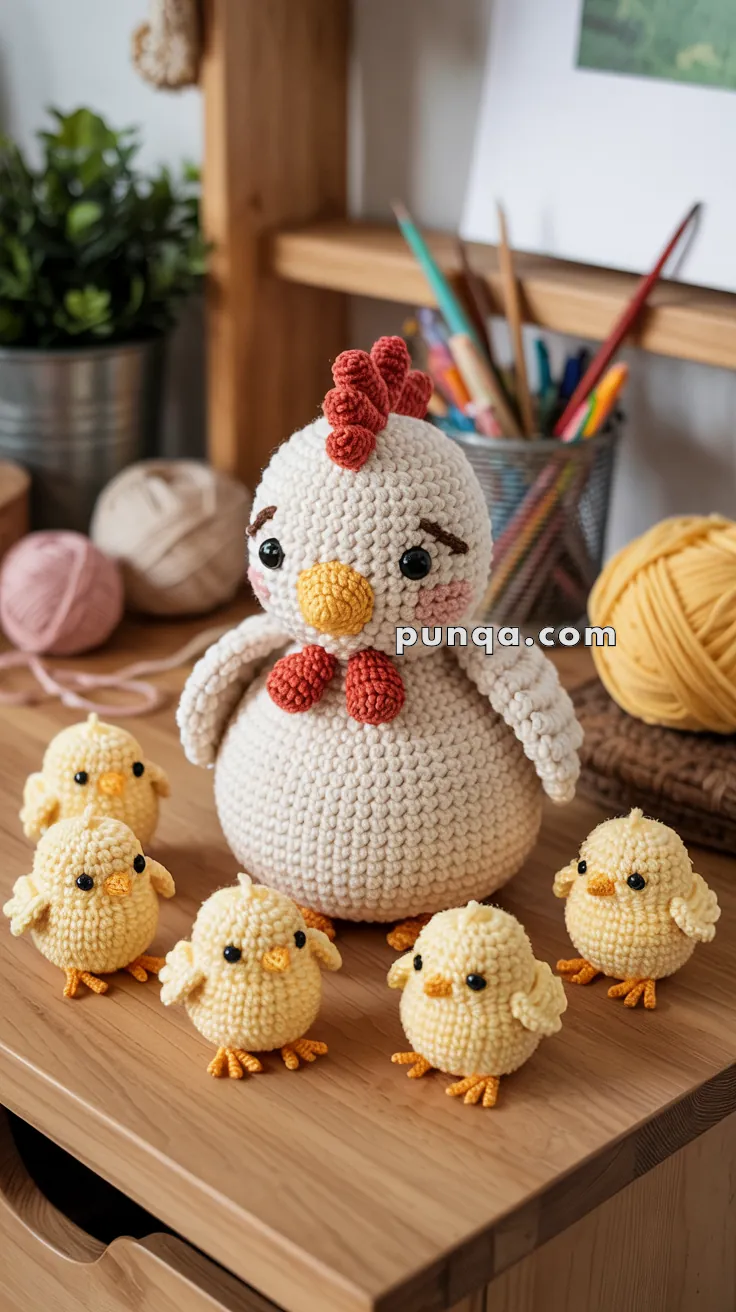 A crocheted plush hen with red comb and wattles surrounded by five small yellow chick plushies on a wooden table, with yarn balls and a plant in the background.