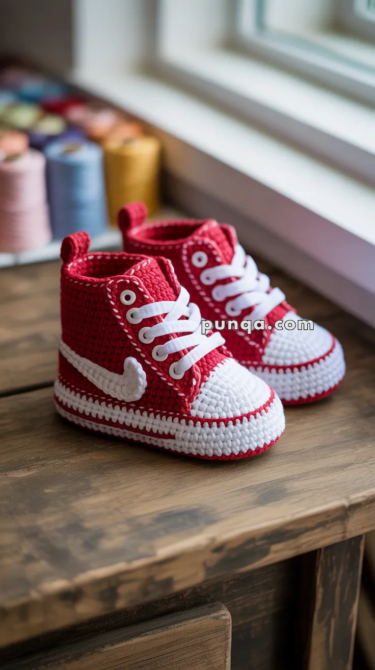 Red and white crocheted baby sneakers on a wooden surface, with colorful spools of thread in the background.