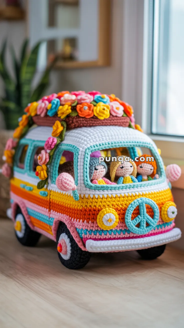 A crocheted model of a colorful hippie van adorned with a peace sign on the front and topped with a garland of vibrant flowers. Inside the van, there are small crocheted figures representing people sitting and looking out the windows.