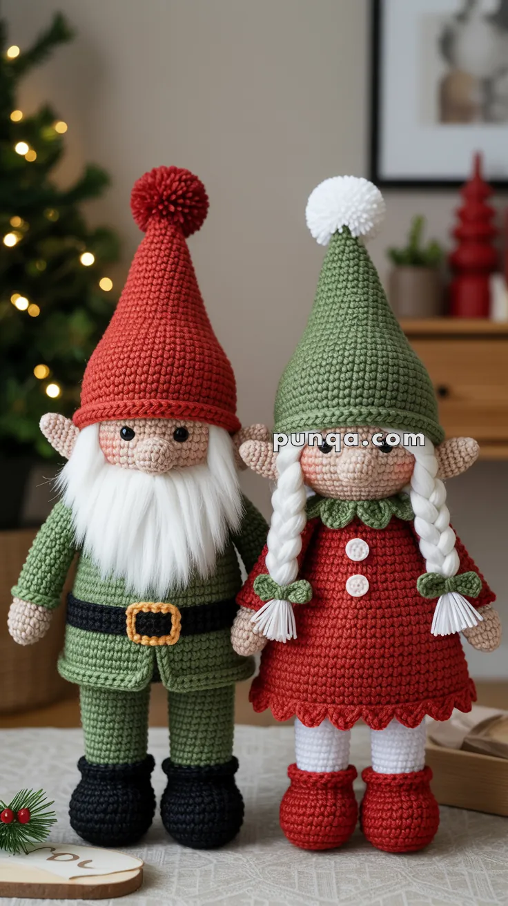 Two crochet gnomes stand side by side; one wearing a red hat and green outfit with a white beard, and the other in a green hat and red dress with white braids.