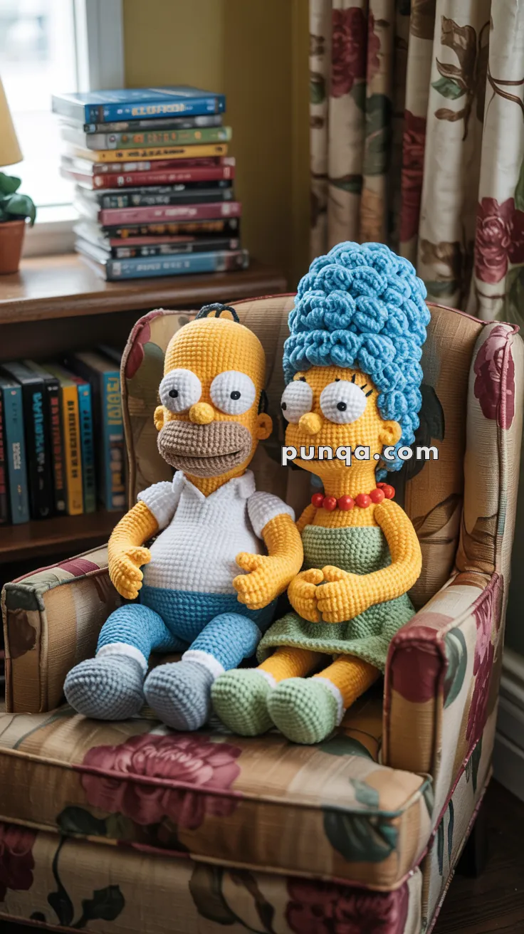 Crocheted dolls resembling cartoon characters sitting on a floral patterned chair with a stack of books nearby.