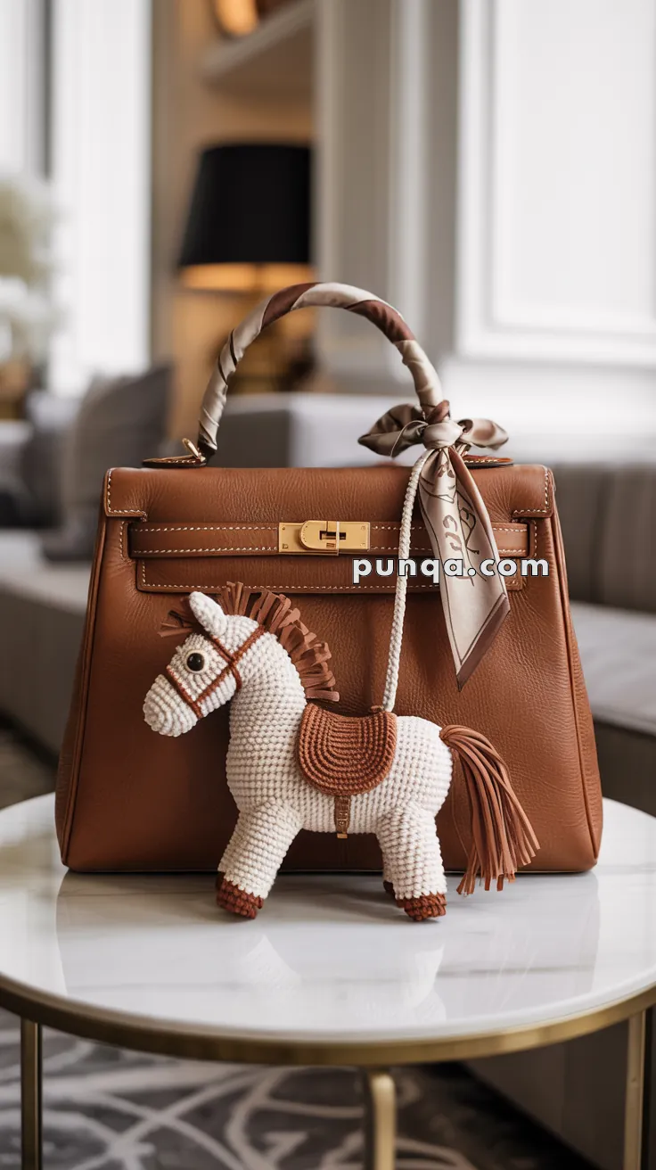 A brown leather handbag with a gold clasp and a decorative silk scarf tied around the handle, featuring a white and brown crocheted horse charm hanging from it, placed on a round marble table in a stylish room with a blurred background.