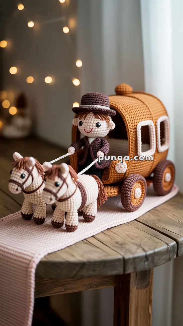 Crocheted miniature stagecoach with horses and a driver wearing a hat, placed on a pink fabric runner on a wooden table, with blurred string lights in the background.