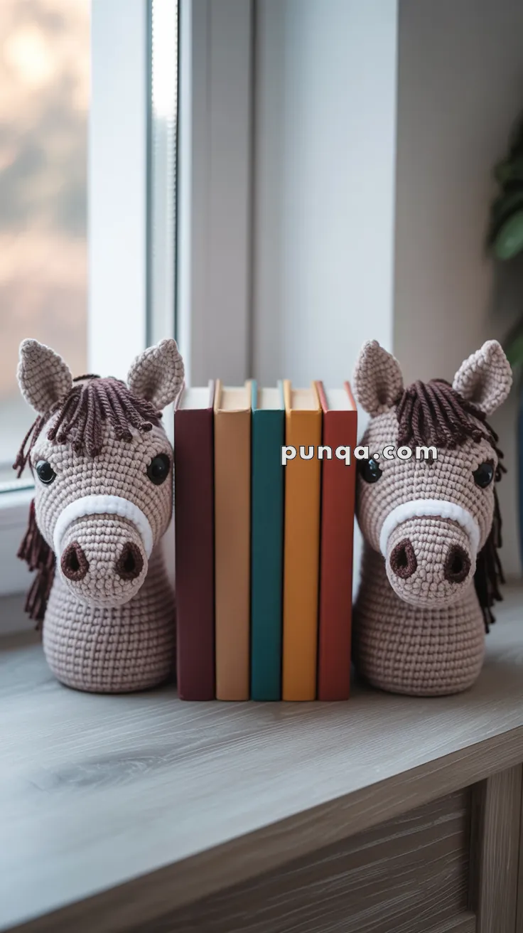 Two crocheted horse head bookends holding a row of books on a window ledge.