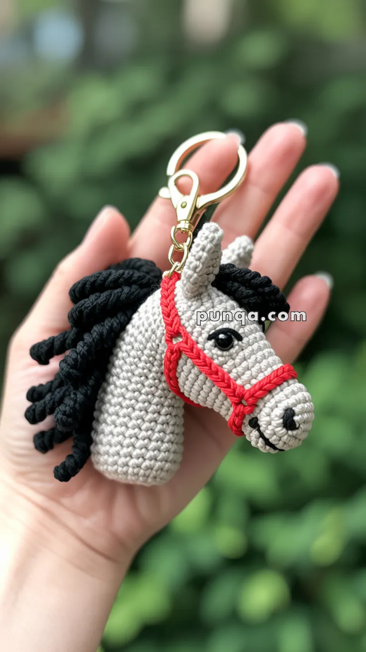A crocheted horse head keychain with a red bridle, held in a hand against a blurred green background. The keychain has a golden clasp and the horse features a black mane.