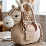 A crocheted horse-shaped handbag with a tag reading "Handmade with Love" placed on a wooden table.