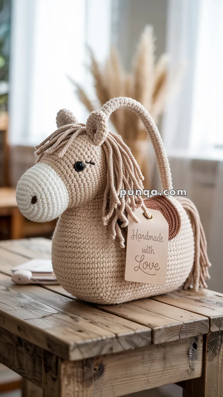 A crocheted horse-shaped handbag with a tag reading "Handmade with Love" placed on a wooden table.