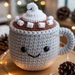 A crochet plush mug with a smiling face, decorated with white whipped cream and marshmallows, sits on a wooden table surrounded by pinecones and string lights.
