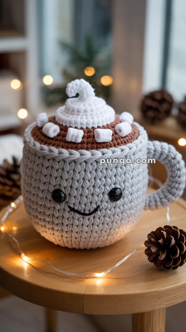 A crochet plush mug with a smiling face, decorated with white whipped cream and marshmallows, sits on a wooden table surrounded by pinecones and string lights.
